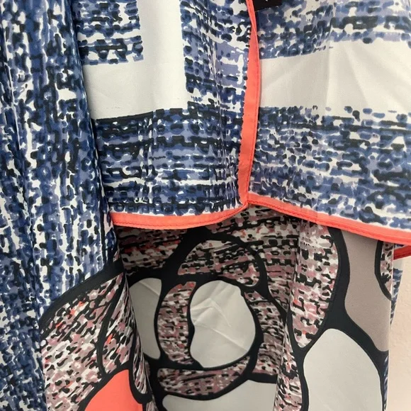 100% Silk Oversized Denim-Like Pattern w/ Flower Scarf -Blues, Grays & Coral - Picture 3 of 4